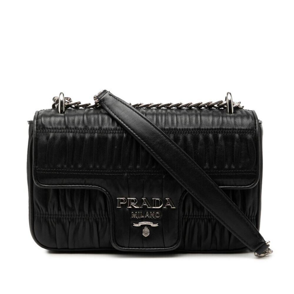 Prada Nappa Gaufre Gathered Crossbody Chain Shoulder Bag Nero Black Leather